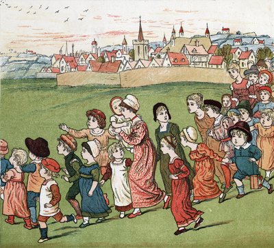 Una folla di madri e bambini in fuga dal villaggio. Illustrazione di Kate Greenaway (1846-1901) dal libro di racconti e filastrocche per bambini "Under The Window" (1879), a cura di Edmund Evans da Kate Greenaway