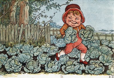 Uno gnomo ruba cavoli da un orto. Illustrazione di Kate Greenaway (1846-1901) dal libro di racconti e filastrocche per bambini "Under The Window" (1879), curato da Edmund Evans da Kate Greenaway