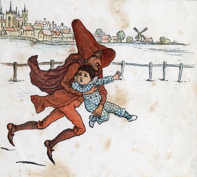 Un folletto prende un bambino piccolo. Illustrazione di Kate Greenaway (1846-1901) dal libro per bambini 