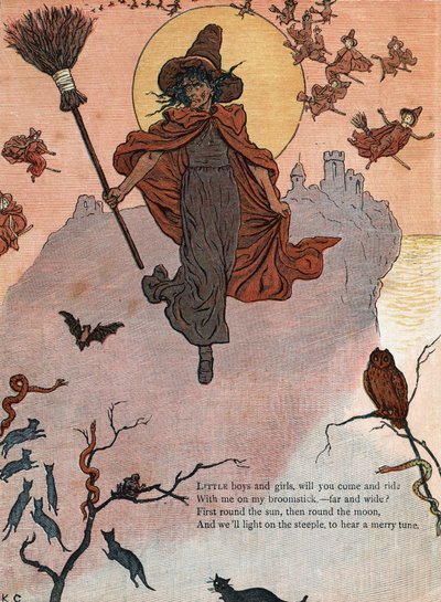 Una strega e la sua scopa circondata da gatti neri, pipistrello e gufo. (Ragazzi e ragazze, volete venire a cavalcare con me sulla mia scopa?) Illustrazione di Kate Greenaway (1846-1901) dal libro di racconti e filastrocche per bambini "Under The Window" da Kate Greenaway
