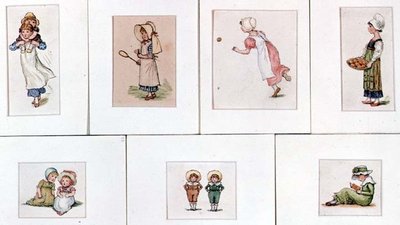 Collezione di miniature ad acquerello di bambini che giocano da Kate Greenaway