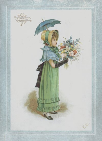 Ragazza in abito verde, con parasole e un mazzo di fiori da Kate Greenaway