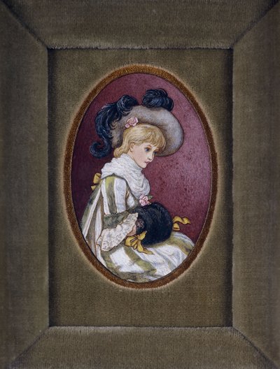 Ritratto ovale di una ragazza bionda con cappello piumato e mani nel manicotto da Kate Greenaway