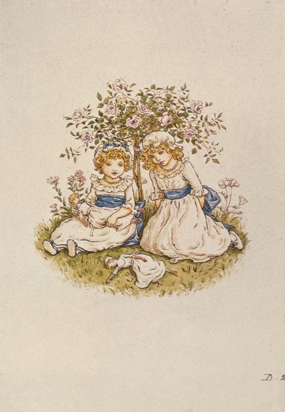 Due Ragazze con Bambole sedute sotto un cespuglio di rose, XIX secolo da Kate Greenaway