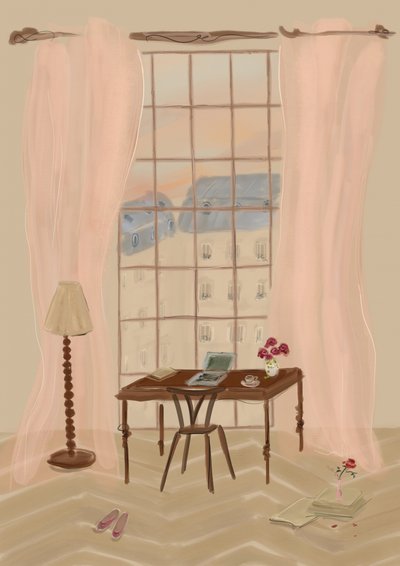 Illustrazione di una vista dalla finestra a Parigi con una scrivania rustica da Katharina Puritscher