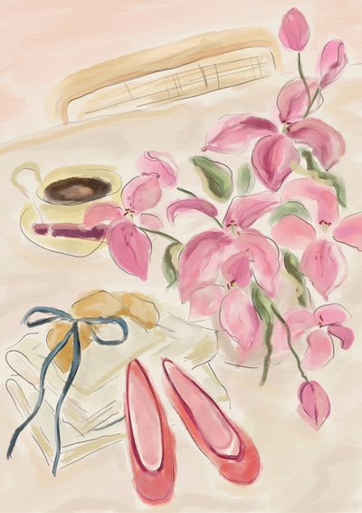 Illustrazione ad acquerello di una natura morta con ballerine da Katharina Puritscher