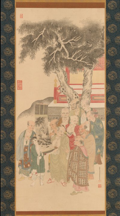 Dieci Rakan che esaminano un dipinto di Kannon in abito bianco da Kato Nobukiyo