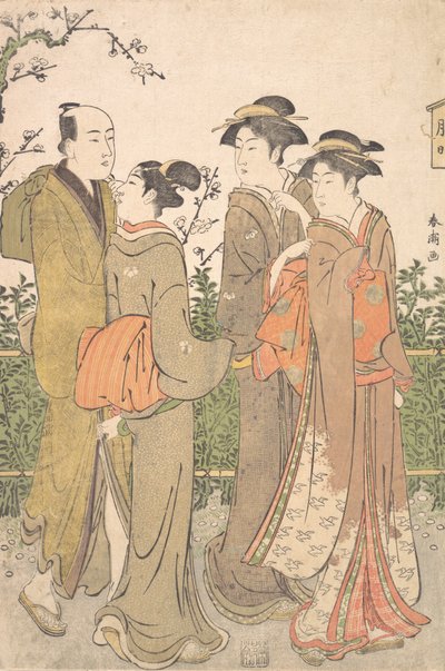 Un gruppo di tre donne accompagnate da un servitore da Katsukawa Shuncho