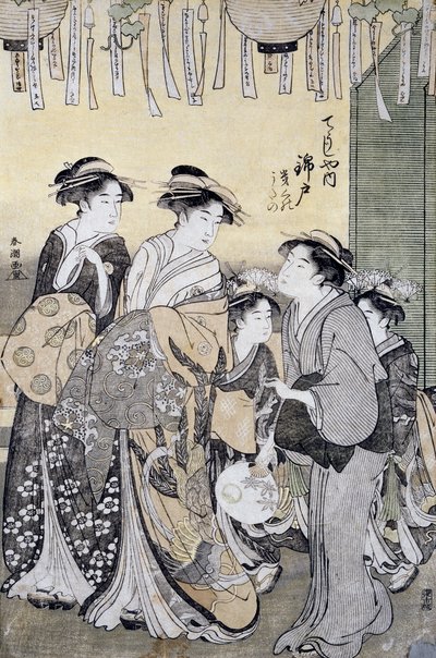 Cortigiana Nishikido della casa da tè Chojiya circondata dalle sue dame, fine XVIII secolo, arte ukiyo-e, di Katsukawa Shuncho (dettaglio) da Katsukawa Shuncho