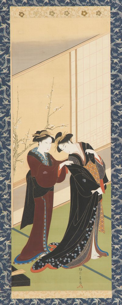 Interno: una donna aiuta una ragazza a vestirsi, periodo Edo, 1726-1792 da Katsukawa Shuncho