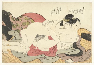 Coppia innamorata in abbraccio intimo da Katsukawa Shuncho