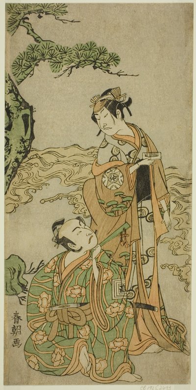 Gli attori Nakamura Nakazo I come Matsukaze (a destra) e Ichikawa Komazo I come Yukihira (a sinistra), nella commedia Kuni no Hana Ono no Itsumoji, rappresentata al Teatro Nakamura nell
