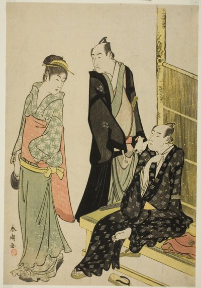 Gli attori Onoe Matsusuke I e Ichikawa Omezo I in una casa da tè da Katsukawa Shuncho