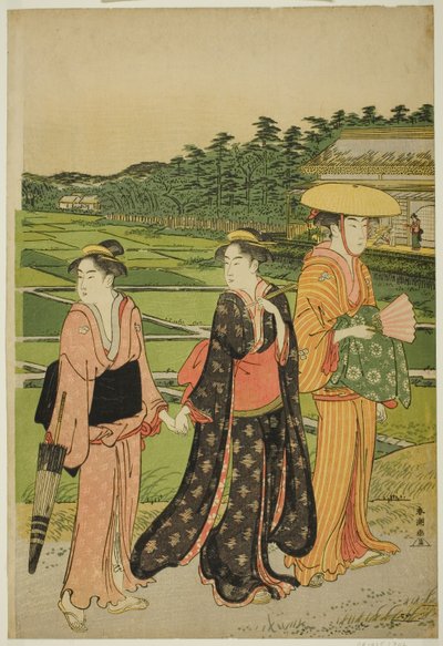Tre donne vicino alle risaie da Katsukawa Shuncho
