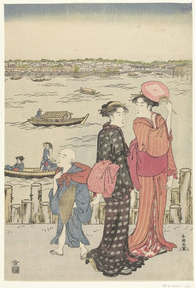 Due donne e un bambino sulla riva di un fiume da Katsukawa Shuncho