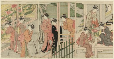 Donne che ammirano peonie da Katsukawa Shuncho