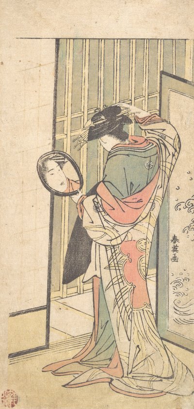 Una cortigiana che guarda il suo riflesso in uno specchio a mano, ca. 1787 da Katsukawa Shun
