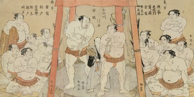 Un trittico che mostra un pareggio nel combattimento tra Onogawa e Tanikaze da Katsukawa Shunei