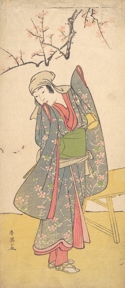Il quarto Iwai Hanshiro come una giovane ragazza in piedi accanto a una panca di legno, ca. 1790 da Katsukawa Shun