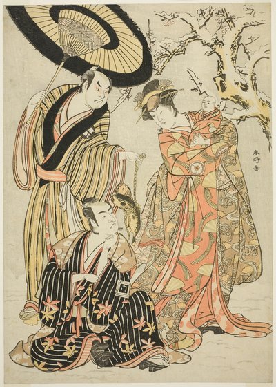 Gli attori Iwai Hanshirô IV, Ichikawa Monnosuke II e Sakata Hangorô III in "Fiocchi di neve: Alzare lo standard a Izu" ("Mutsu no Hana Izu no Hataage") da Katsukawa Shunkо̄