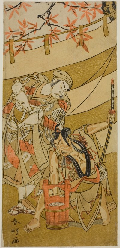 Gli attori Ichikawa Raizo II nel ruolo di Kojiro Masahira (a destra) e Ichikawa Danzo IV nel ruolo di Doi no Yataro (a sinistra), nello spettacolo Kaomise Ama no Iwato, rappresentato al Teatro Nakamura nell