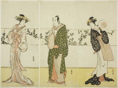 Gli attori Osagawa Tsuneyo II (a destra), Ichikawa Monnosuke II (al centro) e Segawa Kikunojo III (a sinistra), forse nei panni di Misao Gozen, Matsuya Soshichi e della cortigiana Kojoro di Hakata, nello spettacolo Chiyo no Hajime Ondo no Seto (Beginnings  da Katsukawa Shunkо̄