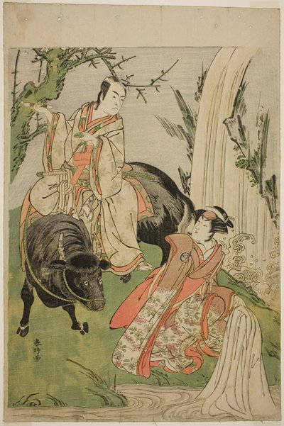 Gli attori Segawa Kikunojo III nel ruolo della principessa Hatsune (Hatsune Hime) (a destra) e Ichikawa Monnosuke II nel ruolo di Miyukinosuke Yukinari, nello spettacolo Otokoyama Furisode Genji, rappresentato al Teatro Kiri nell