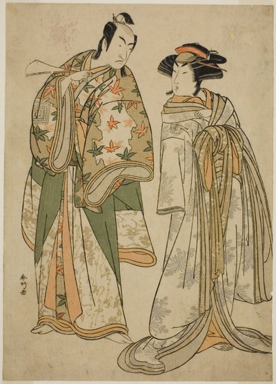 Gli attori Segawa Kikunojo III nel ruolo della cortigiana Sumizome (a destra) e Ichikawa Monnosuke II nel ruolo di Goinosuke Yoshimine (a sinistra), nello spettacolo Juni-hitoe Komachi-zakura, rappresentato al Teatro Kiri nell