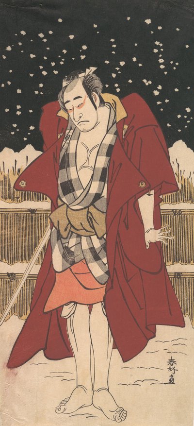 Onoe Matsusuke come uomo armato di spada, in piedi nella neve davanti a una recinzione da Katsukawa Shunko