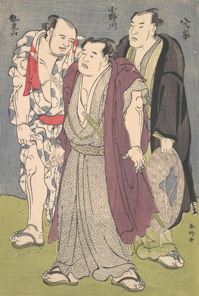 Tre lottatori di sumo: Onogawa, Seimiyama e Yatsugamine, ca. 1790s da Katsukawa Shunko