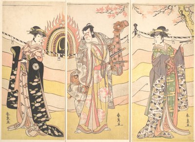 Tre Attori in Bellissimi Costumi che Eseguono una Danza Religiosa da Katsukawa Shunsen