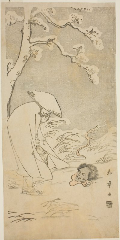 Un pellegrino che prega tutta la notte al Buddha è spaventato da una testa spettrale che giace sul terreno coperto di neve da Katsukawa Shunsho