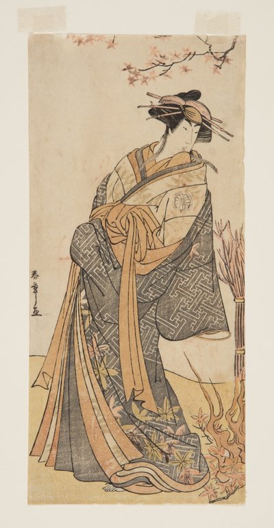 Attore Segawa Tomisaburo II come una alta cortigiana in piedi in una stanza da Katsukawa Shunsho