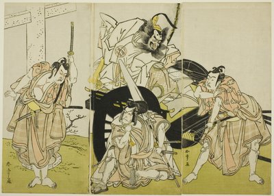 Gli attori Nakajima Mihoemon II nel ruolo di Fujiwara no Shihei, Ichikawa Ebizô III nel ruolo di Matsuo-maru, Ichikawa Yaozô II nel ruolo di Sakura-maru e Ichimura Uzaemon IX nel ruolo di Umeo-maru in "I segreti della calligrafia di Sugawara" ("Sugawara de da Katsukawa Shunsho