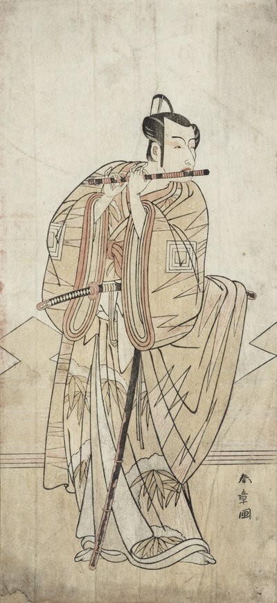 Un attore che suona un flauto da Katsukawa Shunsho