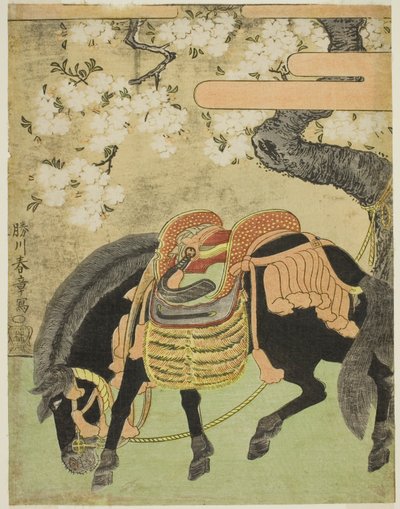 Cavallo Nero Legato sotto un Ciliegio in Fiore da Katsukawa Shunsho
