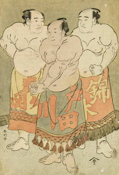 Ritratti a Figura Intera dei Lottatori Nishikigi, Todagawa e Iwagaseki che si Presentano nel Ring da Katsukawa Shunsho
