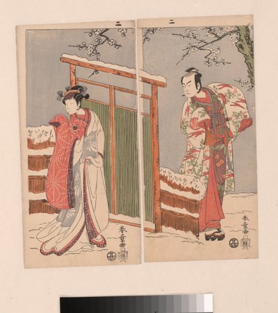 Minamoto no Yoritomo e Yuki Onna nella neve da Katsukawa Shunsho