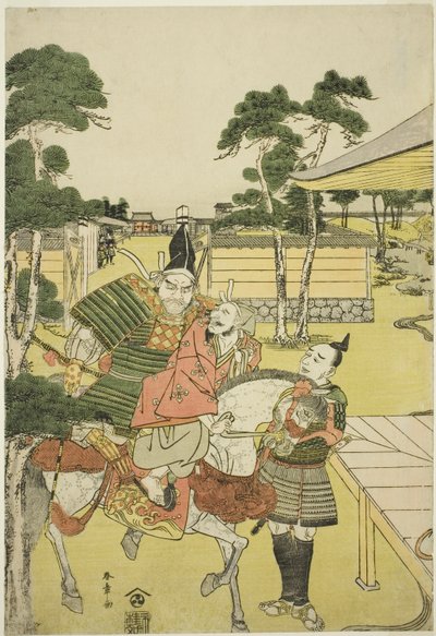 Musashibo Benkei porta il catturato Tosabo Shoshun a Yoshitsune nel dramma Horikawa Youchi no Zu Uki-e Nimaitsuzuki da Katsukawa Shunsho