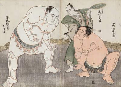 Onagawa Kisaburo e Tanikaze Kajinosuke eseguono lo Shiriki nel Dohyo, arbitrato da Kimura Shonosuke da Katsukawa Shunsho