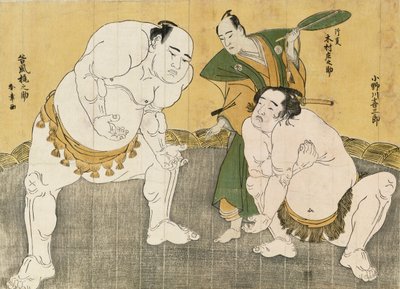 Onagawa Kisaburo e Tanikaze Kajinosuke eseguono lo Shiriki nel Dohyo, arbitrato da Kimura Shonosuke da Katsukawa Shunsho