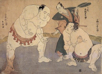 Onagawa Kisaburo e Tanikaze Kajinosuke eseguono lo Shiriki nel Dohyo, arbitrati da Kimura Shonosuke da Katsukawa Shunsho