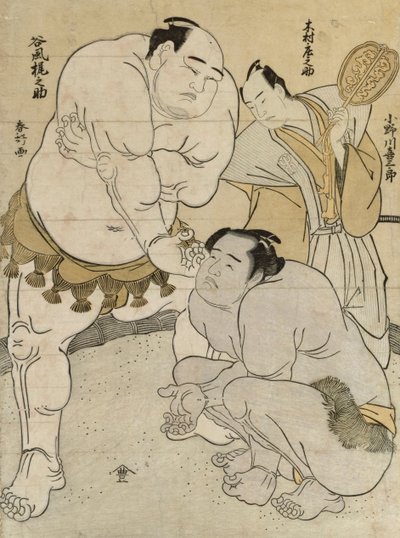 Preparativi per il Match tra Onagawa Kisaburo e Tanikaze Kajinosuke, arbitrato da Kimura Shonosuke da Katsukawa Shunsho