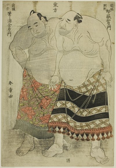Lottatori di sumo del gruppo orientale: (a destra) Nijigadake Somaemon del rango Sekiwake della provincia di Awa e (a sinistra) Fudenoumi Kin