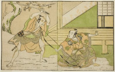 Gli attori Arashi Sangoro II come Hojo Tokiyori (destra), e Otani Hiroji III come Koga Saburo (sinistra), nella commedia Kono Hana Yotsugi no Hachi no Ki, rappresentata al Teatro Ichimura nell