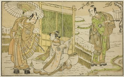 Gli Attori Arashi Sangoro II come Minamoto no Yoritomo (destra), Segawa Kikunojo II come Yuki Onna (centro) e Ichimura Uzaemon IX come Kajiwara Genta no Kagetoki, nella commedia Myoto-giku Izu no Kisewata, eseguita al Teatro Ichimura nell