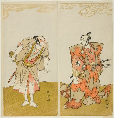Gli attori Bando Mitsugoro I come Hata no Kawakatsu (destra), e Otani Hiroemon III come il servitore (Yakko) Gansuke (sinistra), nella commedia Miya-bashira Iwao no Butai, rappresentata al Teatro Morita dal quindicesimo giorno di t da Katsukawa Shunsho