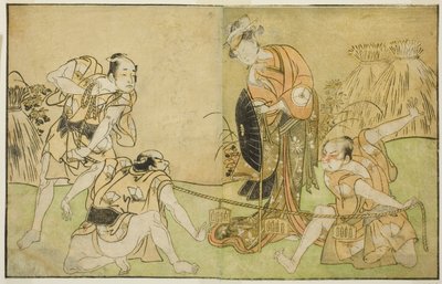 Gli attori Bando Zenji I come Nagahashi Saburo, Iwai Hanshiro IV come Otatsu-gitsune, Nakamura Konozo come Hagai Ujitsune e un attore non identificato (da destra a sinistra), nella commedia Nue no Mori Ichiyo no Mato, rappresentata al Teatro Nakamura nell