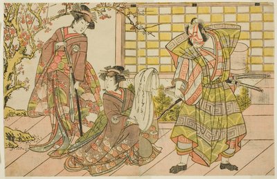 Gli attori Ichikawa Danjuro V come Miura Kunitae (destra), Segawa Kikunojo III come Yasukata (centro), e Iwai Hanshiro IV come Utou (sinistra), nella commedia Godai Genji Mitsugi no Furisode, rappresentata al Teatro Nakamura nell