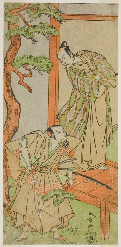 Gli attori Ichikawa Danjuro V come Momonoi Wakasanosuke (destra) e Nakamura Nakazo I come Kakogawa Honzo (sinistra), nella commedia Kanadehon Chushingura, rappresentata al Teatro Nakamura nel quinto mese, 1771 da Katsukawa Shunsho